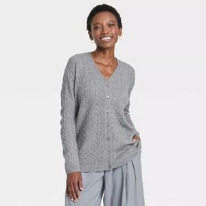 A New Day Women's Gray Cable Knit Button Front V-Neck Cardigan Sweater Size M